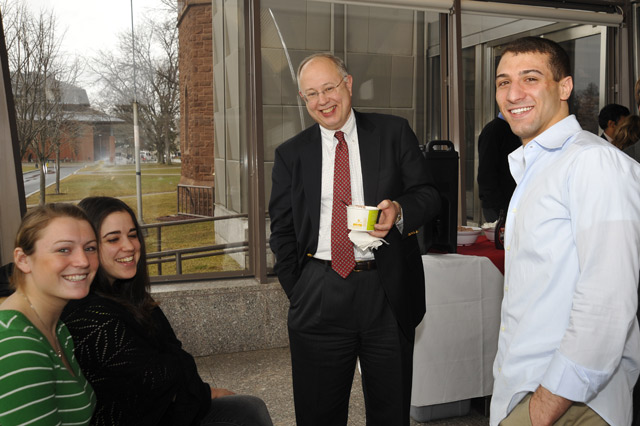 Prior to the dinner and reception, Richard Swanson mingled with the Red & Black Callers' managers during an ice cream social Feb. 26 in Zelnick Pavilion. Swanson hosted the reception to celebrate the students' leadership. The students, pictured, from left, are Casey Reed '12; Netta Levran '10; and David Bachy '10.