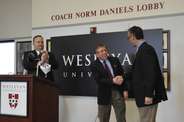 During the ceremony, Coach Whalen and President Roth also acknowledged John Biddiscombe, director of athletics and chair of the Physical Education Department. Whalen will assume the post on April 1. (Photos by Olivia Bartlett Drake)