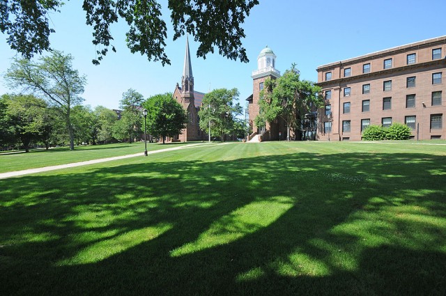 College Row in July. Pictured, from left, are Memorial Chapel, South College and North College.