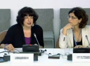 J. Kēhaulani Kauanui, at left, was one of four panelists to speak at the 18th Commemoration of the International Day of the World’s Indigenous Peoples. At right is panelist Lily Valtchanova, cultural affairs officer at the United Nations Educational Scientific and Cultural Organization (UNESCO).