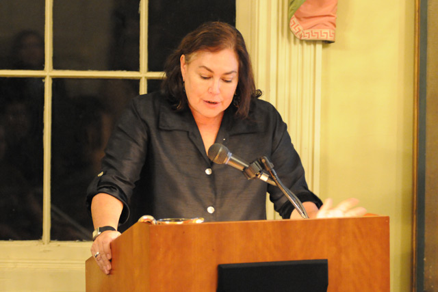 Amy Bloom, the Kim-Frank Family University Writer in Residence, introduced Bechdel to the audience at Russell House. Bechdel's visit was part of the Writing at Wesleyan Series for Prose and Poetry. (Photos by Bill Tyner '13) 