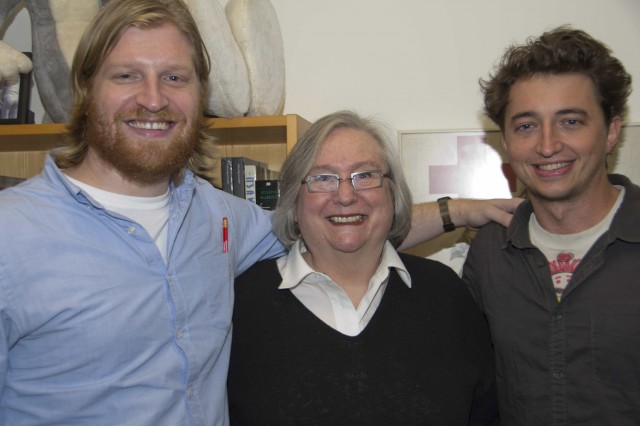 Indie Film makers Benh Zeitlin ’04 and Dan Janvey ’06 meet with Jeanine Basinger on Nov. 12. (Photo by Cynthia Rockwell)
