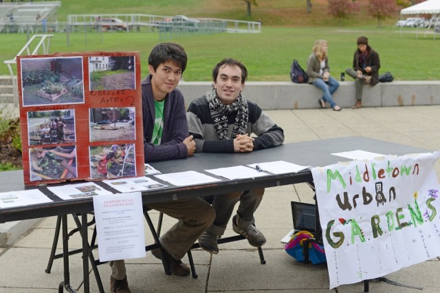 Several student groups, including the Middletown Urban Gardens organization, represented by Gerard Pierre '15 and Adin Vaewsorn '15, participated in Campus Sustainability Day.