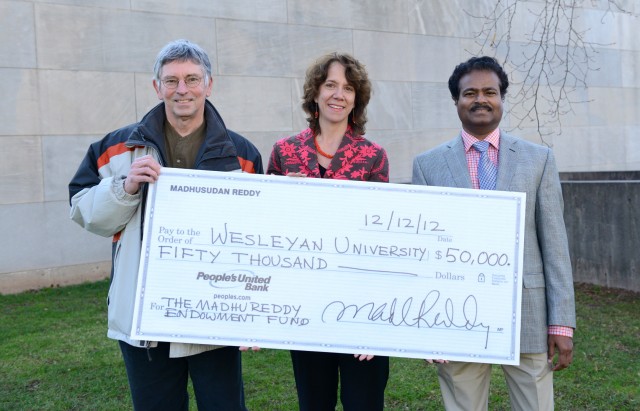 Pictured, from left,  Music Artist in Residence David Nelson, Center for the Arts Director Pamela Tatge, and donor Madhu Reddy. 