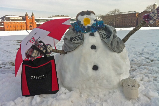 A WESnowman enjoys winter recess on Andrus Field, Jan. 17. (Photos and snowman fashion design by Olivia Drake)
