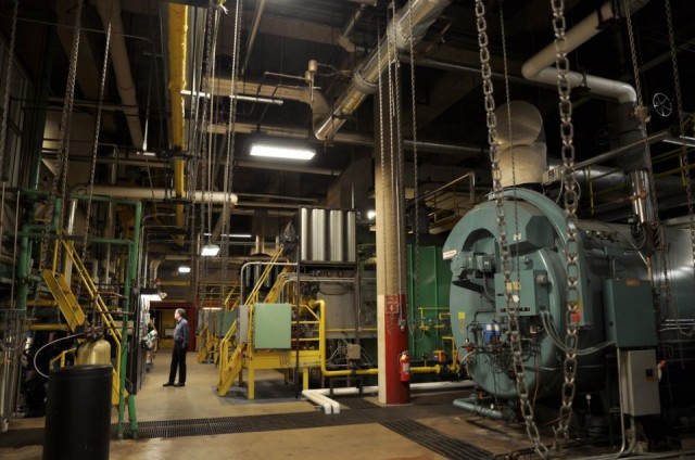 The Central Power plant is located underground. Steam moves uphill to campus. 