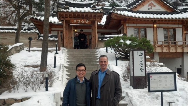 Wesleyan President Michael Roth visited with several alumni, students, prospective students and guests in Asia Jan. 12-18. He made stops in Seoul, Beijing, Hong Kong and Bangkok. President Roth is pictured here with William Choi '89 at Namsan Park in Seoul, Korea. 