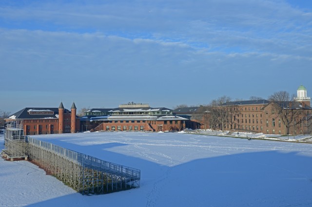 A snowy Andrus Field on Jan. 4. Pictured is Fayerweather, Usdan University Center, North College and South College. 