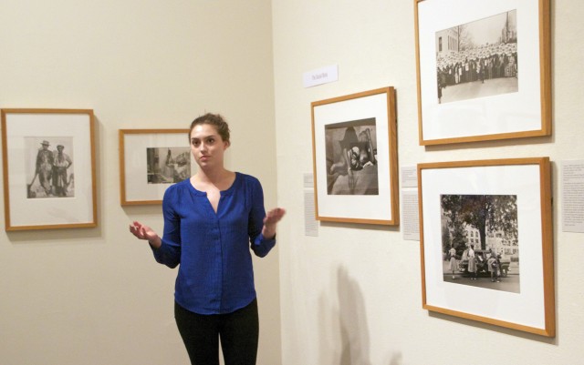 Alexa Burzinski ’15 spoke about organizing the "(Re)viewing Bodies" exhibit. Topics of the show include the abstracted or fragmented body, the body and labor, the body and performance, the body in social situations, and the body in pain. Photographers include Diane Arbus, Larry Burrows, Kevin Bubriski, Harry Callahan, Judy Dater, Gordon Parks, and Jerry Uelsmann.