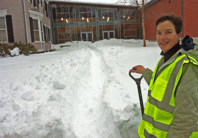 C-CERT member Jennifer Curran, associate director of student services and outreach for Graduate Liberal Studies, shoveled a path to the Center for Film Studies' side doors. In the event of an emergency, building occupants may need to exit the building through these doors. 