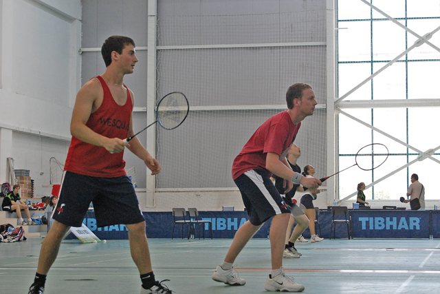 At left, Ethan Moritz '14 and his teammate Tim Schade compete in the badminton section of racketlon. 
