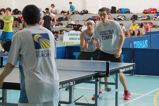 At left, Max Bevilacqua '12 and Robert Troyer '12 compete in the table tennis section of racketlon.