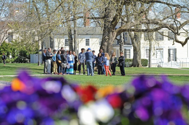 A WesFest campus tour passes through College Row on April 17. 