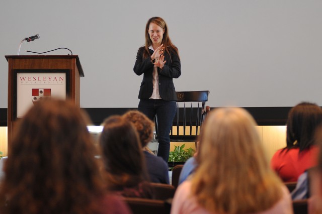 Dina Kaplan '93 delivered the WesFest keynote address April 17 on "Learning to Trust Your Gut." Named one of Fortune Magazine's "Most Powerful Women Entrepreneurs" Kaplan is co-founder of Blip. Blip hosts and distributes thousands of original series, from scripted dramas and comedies to shows about fashion, sports and video games. Before Blip, Kaplan was an Emmy-award winning television news reporter and an associate producer for MTV News. She founded the Calliope Group to support women tech pioneers. After graduating with her degree from the College of Social Studies at Wesleyan, Kaplan worked at the White House as director of research for the Office of the White House counsel in the Clinton Administration.