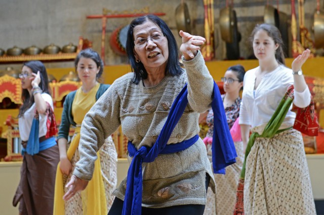 Artist-in-residence Urip Sri Maeny, who is known on campus as "Maeny," says Javanese dance requires highly controlled movements of different parts of the body to be synchronized with musical rhythms. (Photo by Olivia Drake)