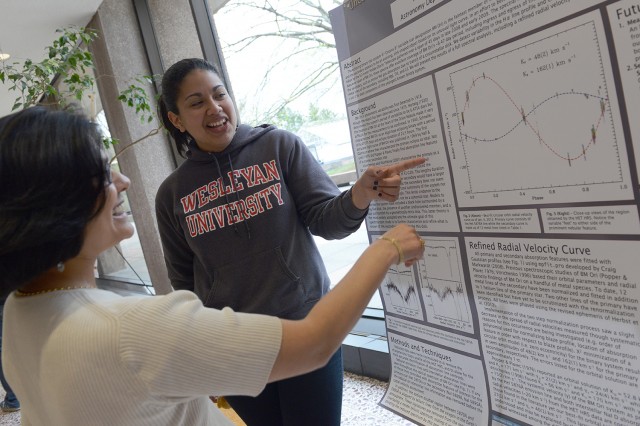 Raquel Martinez presented her research on “Uncovering Spectroscopic Signatures of the Hidden Secondary Component of BM Ori.” The project was advised by Seth Redfield, assistant professor of astronomy, and William Herbst, chair and professor of astronomy.