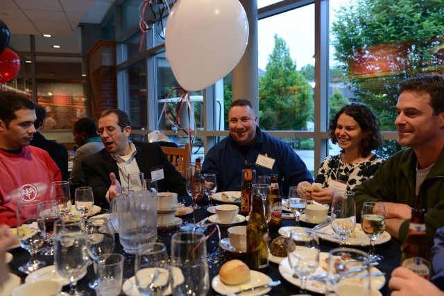 Members of the Class of 1998 gathered for a reception and dinner in the Warren Street lobby of the Freeman Athletic Center on May 25. (Photo by Dat Vu '15)