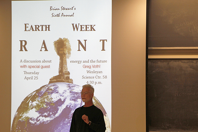 Brian Stewart, associate professor of physics, shared his insights into the future of energy during his sixth annual “Earth Week Rant” on April 26. 