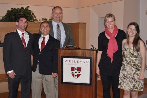 Howard Tobochnik '13 and Roger Laura Kurash '13 received the Maynard Memorial Award, presented annunally to the top senior male and female scholar-athlete at the university. Both are seen with their respective head coaches, head wrestling coach Drew Black and head women's soccer coach Eva Meredith, along with athletics director Mike Whalen.