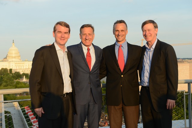 The "Talking Politics" fundraiser for financial aid featured Senator Michael Bennet '87, Vermont Governor Peter Shumlin '79 and Colorado Governor John Hickenlooper '74. Wesleyan President Michael Roth is pictured third from left. 