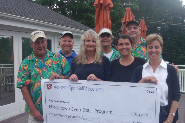 The Wesleyan Open Golf Association raised funds for the Middletown Even Start Program on July 13. Pictured, from left, in green and blue shirts, are David Meyer, the former director of Public Safety; Lou Onofrio, maintenance and repair mechanic at Physical Plant- Facilities; Frank Marselli, coordinator of the Usdan University Center; and Sean Higgins, Lock Shop foreperson. Pictured in front, from left, are Even Start employees Liz Fraser, Ellen Jahne and Lina Kronenberger. 