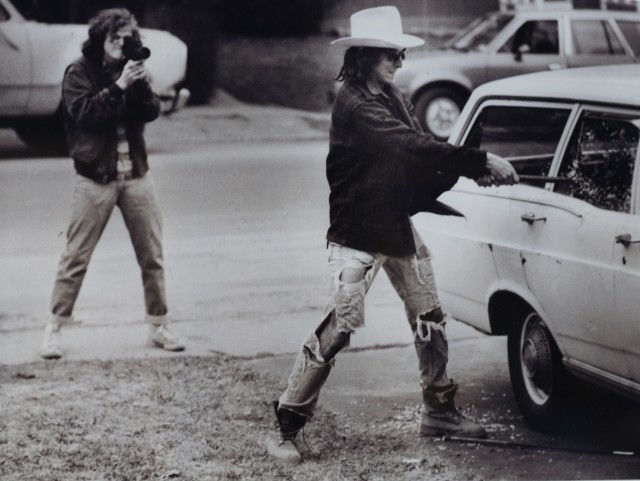 In this 1986 photograph taken at Wesleyan by Kraft, director/producer/writer Joss Whedon '87, at left, makes a student film with classmate Richter Hartig '87. This photograph was part of the "Joss Whedon: From Buffy to the Bard" exhibit in the Nicita Gallery in 2013.