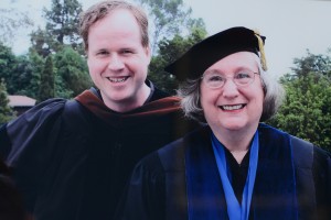 Joss Whedon '87 presented Jeanine Basinger, the Corwin-Fuller Professor of Film Studies, with an honorary degree from the American Film Institute Conservatory in 2006. This photograph is on display in the "Buffy to Bard" exhibit. 