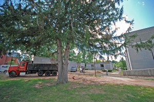 Contractors fill areas near The Center for the Arts Rehearsal Hall and Crowell Concert Hall after replacing several sections of 40-year-old underground steamline piping.