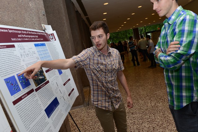 Derek Frank ’15 presented his poster titled "Microwave Spectroscopic Study of the Reaction of Allyl Phenyl Ether." His advisors are Garry Grubbs, Chemistry Department postdoctoral fellow; Stephen Anthony Cooke, visiting scholar in chemistry; and Stewart Novick, chair and professor of chemistry. 