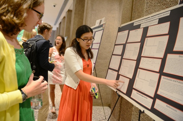 Elaine Tsui ’15 presented her research on "Anodic Oxidation of 1,1-Diphenylacetone in Various Alcohols." Her advisor is Albert Fry, the E.B. Nye Professor of Chemistry.