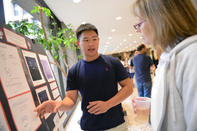 Hanbin Wang Jr. ’15 presented his research on "Construction of Mismatched Circular DNA Substrate for Biochemical Assays." His advisors were Anushi Sharma, Ph.D. student in the Hingorani Lab, and Manju Hingorani, professor of molecular biology and biochemistry.