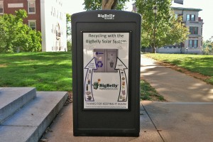 A BigBelly station is located in front of Olin Library. Be sure to empty food and drink containers before using the solar-powered bins.