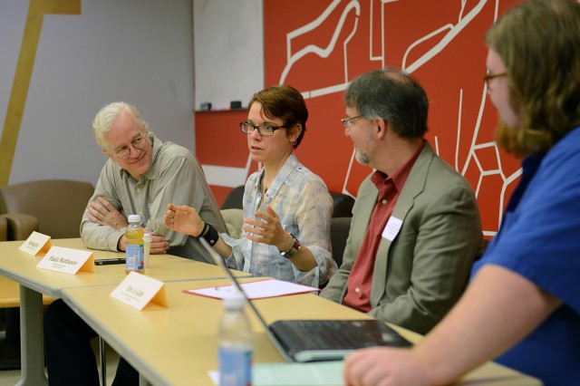 Banning Eyre '80, author, editor, radio producer; Paula Matthusen, assistant professor of music; Eric Galm, associate professor of music and ethnomusicology at Trinity College; and music graduate student Nathan Friedman spoke on a panel focusing on careers in music and ethnomusicology.
