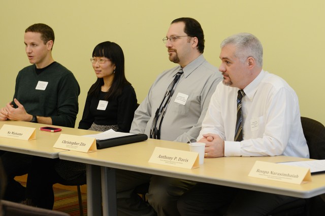 Other panelists included, at left, Su Maisano, self-employed hypnotherapist; Christopher Zito, assistant professor of biology at the University of Saint Joseph; Anthony Davis, project/manufacturing engineer and chemist, Hobson & Motzer, Inc.; and Roopa Narasimhaiah (not pictured), deputy director for corporate and foundation relations at the Yale School of Medicine. 