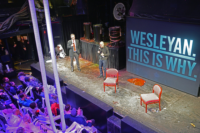 Wesleyan alumni, faculty, staff, family and friends experienced a one-of-a-kind Wesleyan-themed version of the Blue Man Group's 2013 show at a special fundraising event at Boston's Charles Playhouse on Nov. 13. Blue Man co-founder Chris Wink '83 was on hand for a post-show talkback with President Michael Roth.