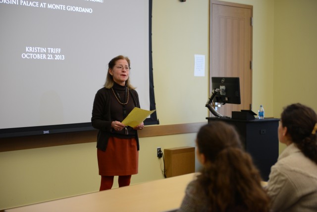 The students who attended her talk are from two First-Year Seminar courses, "The Roman Family" taught by Lauren Caldwell, assistant professor of classical studies, and "Baroque Rome," taught by Laurie Nussdorfer (pictured), the William Armstrong Professor of History, professor of letters, professor of medieval studies.