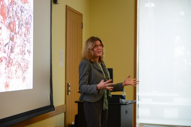 Kristin Triff, associate professor of fine arts at Trinity College, spoke to Wesleyan students about "Patronage and Public Image in Renaissance Rome: The Orsini Palace at Monte Giordano" Oct. 23 in Usdan University Center. Her talk was designed to make the presentation of faculty scholarship accessible to first-year students.  