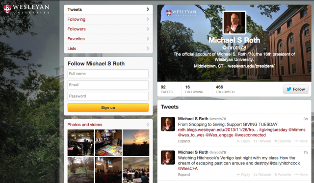 Wesleyan President Michael Roth welcomes the Wesleyan community to follow him on Twitter @mroth78.