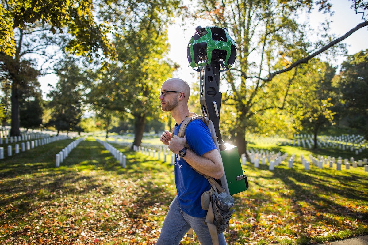 In Arlington National Cemetery, Kraft photographed Google's Trekker, a wearable backpack system that captures images in locations only accessible by foot. Google is creating a visual Street View map of Arlington National Cemetery using cars and backpacks.