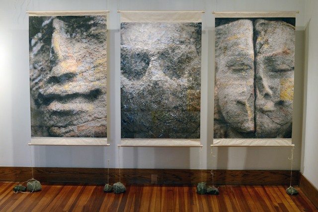 Heebner often turns to myth to broaden her understanding of the bonds between humans and the earth. When she went to Cambodia's Angkor temple complex in 2000 and 2001, she began a series she called geography of a face to further her exploration of the connection between human and geographic form.