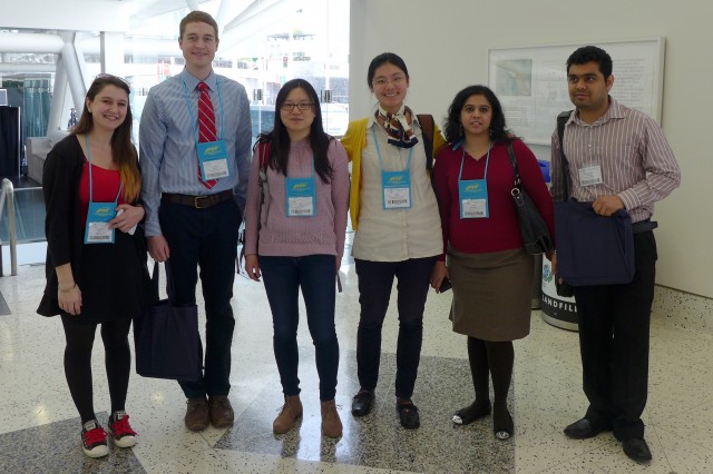 Wesleyan graduate students, from left, Katie Kaus, Stephen Frayne, Yan Li, Shu Zhang, Anushi Sharma and Harikrushan Ranpura, presented research at the the Biophysical Society meeting.