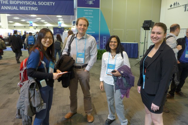 Pictured at the Biophysical Society meeting are, from left, graduate student Yan Li; Rich Olson, assistant professor of molecular biology and biochemistry; Ishita Mukerji, professor of molecular biology and biochemistry, dean of the Natural Sciences and Mathematics Division, and graduate student Katie Kaus.