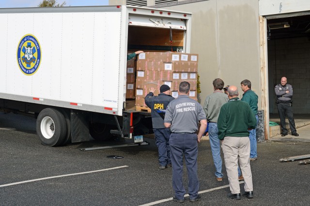 The State of Connecticut Department of Public Health delivered several pallets of medical assets, used for training purposes, to Wesleyan's Bacon Field House as part of a public health emergency drill on March 20. Wesleyan's Campus Community Emergency Response Team participated in the day-long training. 