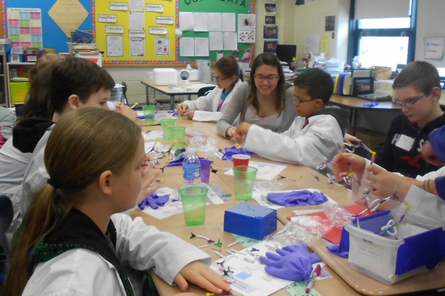 Wesleyan students and faculty participated in a Minds in Motion event at Snow Elementary School on March 8. Ishita Mukerji, dean of the Natural Sciences and mathematics Division, professor of molecular biology and biochemistry, hosted a DNA workshop with nine middle school students.