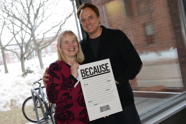 Whitford was introduced to the audience by Megan Norris ’83 P’17, chair of the Alumni Association. Here, Norris and Whitford  share a This is Why Campaign "Because" poster. 