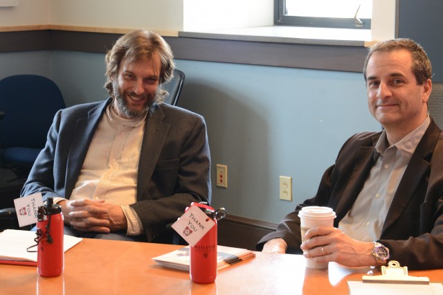Joop Varekamp, the Harold T. Steans Professor of Earth Science, professor of environmental studies, and Eban Goodstein P’10, director of the Bard Center for Environmental Policy, spoke to students on April 8 during a "Sustainability Career Panel" in the Allbritton Center.  