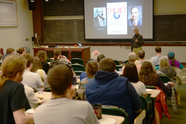 Stewart lectured on the connection between energy consumption, pollution, and the human environmental footprint. He discussed the impacts of franking and biofuels.