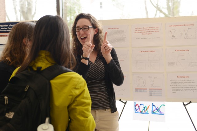 Graduate student Sarah Hensiek ’13 presented her research on “Synthesis, Characterization, and pH-Dependent Relaxivity of the Mn(II) Complex of a Novel Cyclen-Based Ligand.” Her advisor was T. David Westmoreland, associate professor of chemistry. 