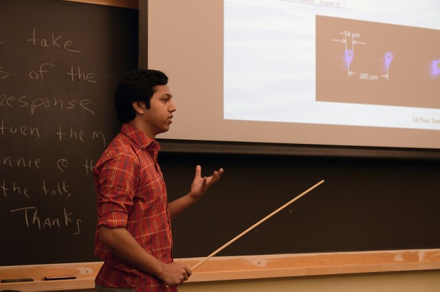 Rashedul Haydar '14 presented his study on "Laser Induced Plasmas Under Bulk Water: Spatiotemporal Characteristics and Spectral Analysis."