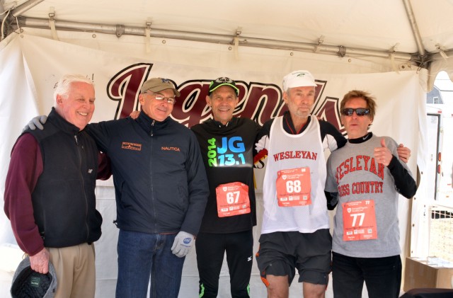 Pictured, left to right, are John Driscoll '62, advisor at the Wesleyan Career Center; John Hastings '71, a former Wesleyan standout runner and track and cross country coach at Middletown's Mercy High School; Jeff Galloway '67; Amby Burfoot '68; and Bill Rodgers '70. 